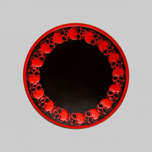 Round skull embossed leather patch – red and black