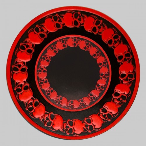Round skull embossed leather patch, PE35 – red and black