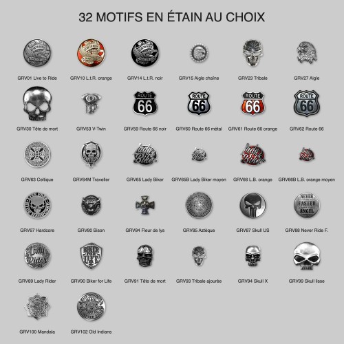 Patch rond têtes de mort en cuir embouti – les 32 motifs en étain au choix