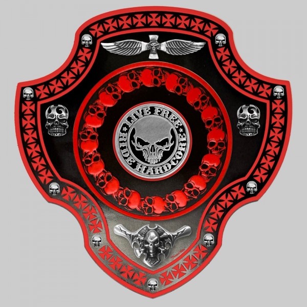 Totenkopf-Wappen blanko aus geprägtem Leder, PG13 und Zinnmotiv – ROT-SCHWARZ