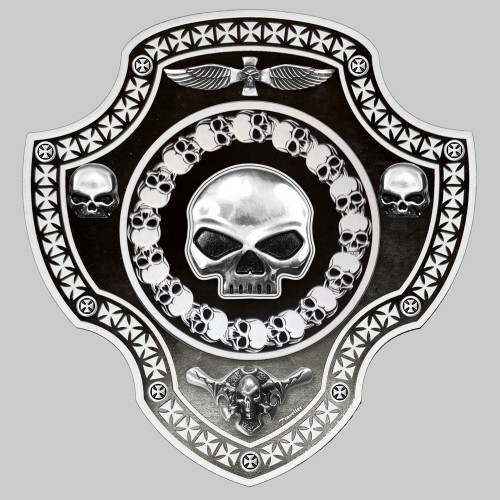 Totenkopf-Wappen blanko aus geprägtem Leder, PG13 und Zinnmotiv – SCHWARZ-WEISS