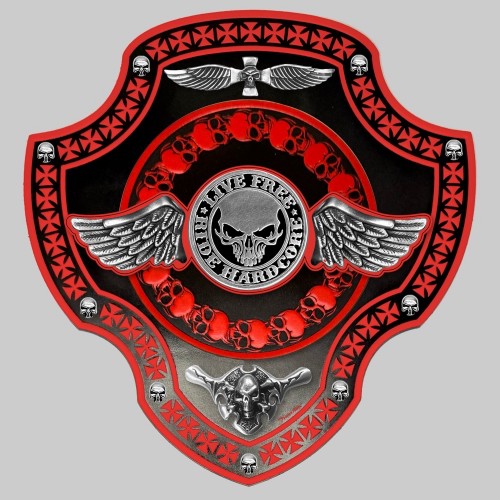 Blank skull shield in embossed leather, PG13, large wing – RED AND BLACK