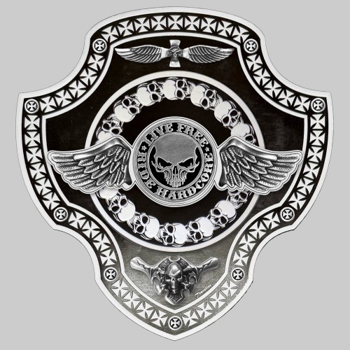 Totenkopf-Wappen blanko aus geprägtem Leder, PG13, großer Flügel – SCHWARZ-WEISS
