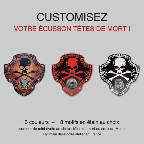 Customisez votre écusson têtes de mort : 3 couleurs, 18 motifs en étain, contour de mini-rivets
