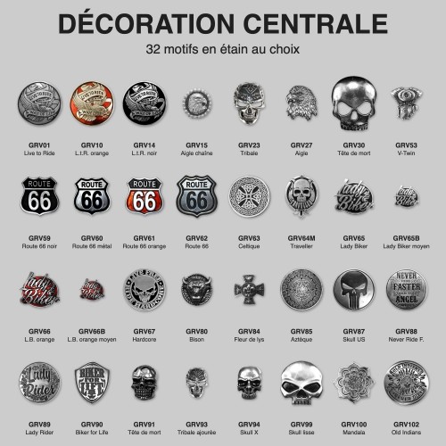 Round skull embossed leather patch – the 32 pewter motifs to choose from