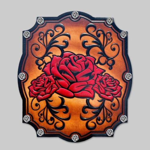 Embossed Leather Roses Patch with 12 Rose Rivets – antique brown
