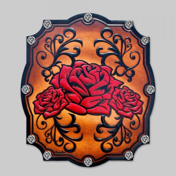 Embossed Leather Roses Patch with 12 Rose Rivets – antique brown
