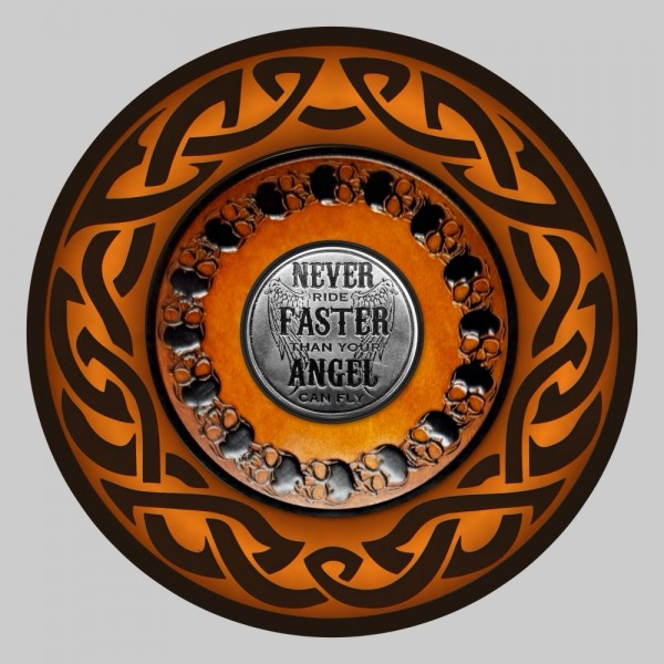 Großer runder keltischer Leder-Patch, GRV88 – Never Ride Faster – Altbraun