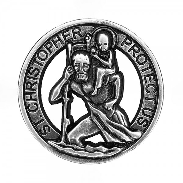 Pin Heiliger Christophorus „Protect Us“, Zinn