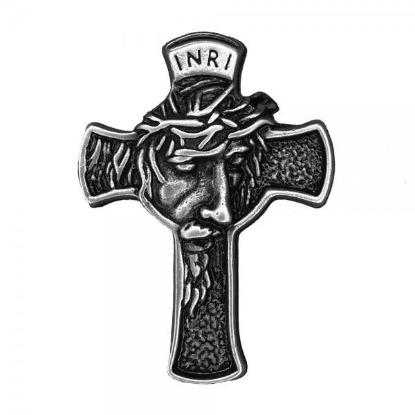 INRI Cross Pin with Face of Christ, Pewter