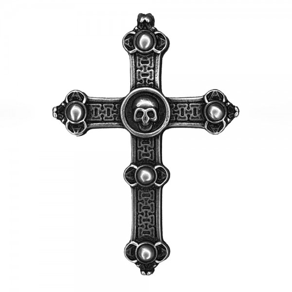 Pin’s croix gothique tête de mort, étain - cuir