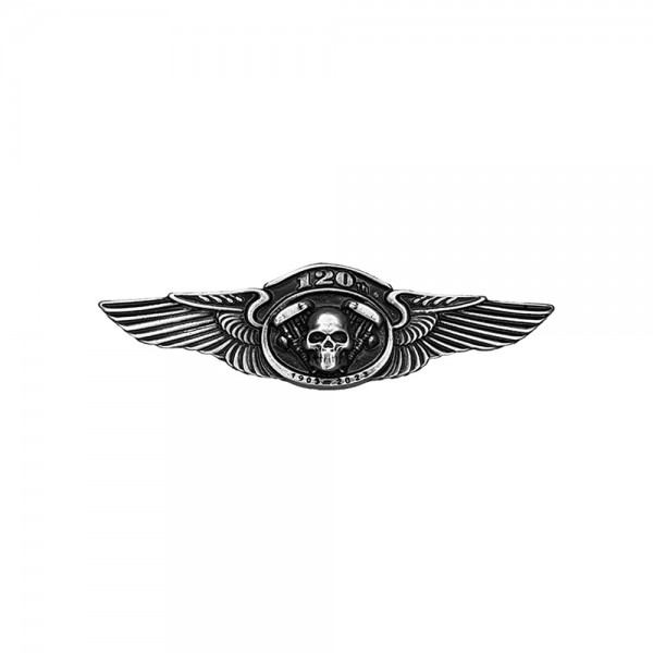 Pin’s ailes 120 ans V-twin tête de mort, étain
