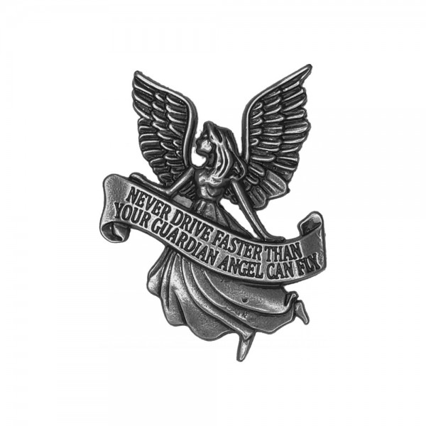 Pin Schutzengel „Never drive faster“, Zinn