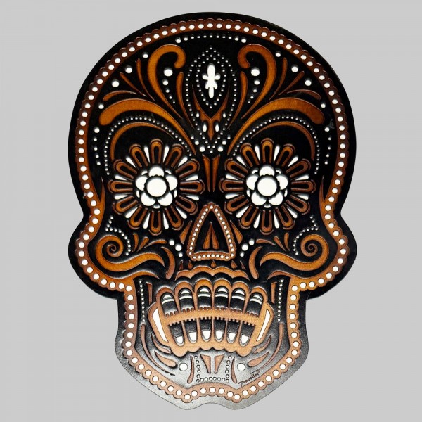 Patch tête de mort mexicaine en cuir embouti – marron vieilli