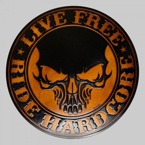 Live Free Ride Hardcore embossed leather patch – antique brown