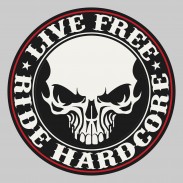 Live Free Ride Hardcore embossed leather patch – black and white, red trim