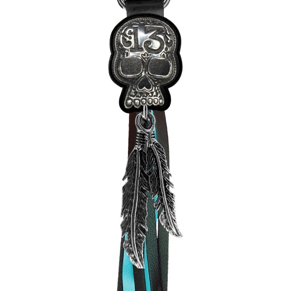 Porte-clés à franges Tête de mort 13 – franges noires et turquoise