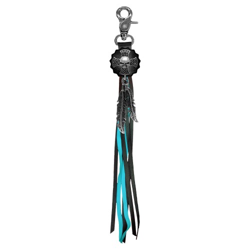 Skull Cross fringe keyring – black and turquoise fringes