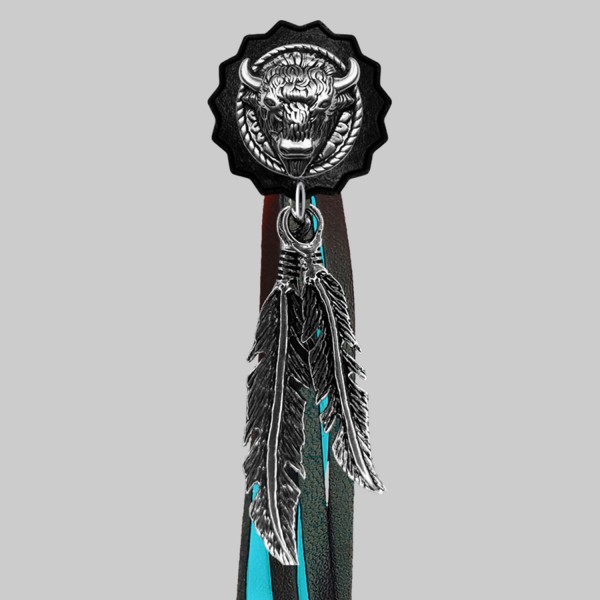 Bison Head – fringe rivet – black washer, black and turquoise fringes