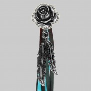 Rose épanouie – rivet à franges – rondelle blanche, franges noires et turquoise