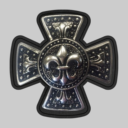 Maltese Cross with Fleur-de-lis – pewter rivet-on motif, black leather washer