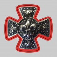 Maltese Cross with Fleur-de-lis – pewter rivet-on motif, red leather washer