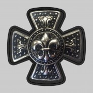 Maltese Cross with Fleur-de-lis – pewter rivet-on motif, black leather washer