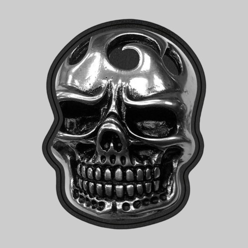 Totenkopf – Nietmotiv aus Zinn, schwarze Lederscheibe