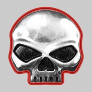 Glatter Totenkopf – Nietmotiv aus Zinn, rote Lederscheibe