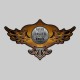 Winged Traveller embossed leather patch with pewter centre motif, antique brown, Never Ride Faster motif