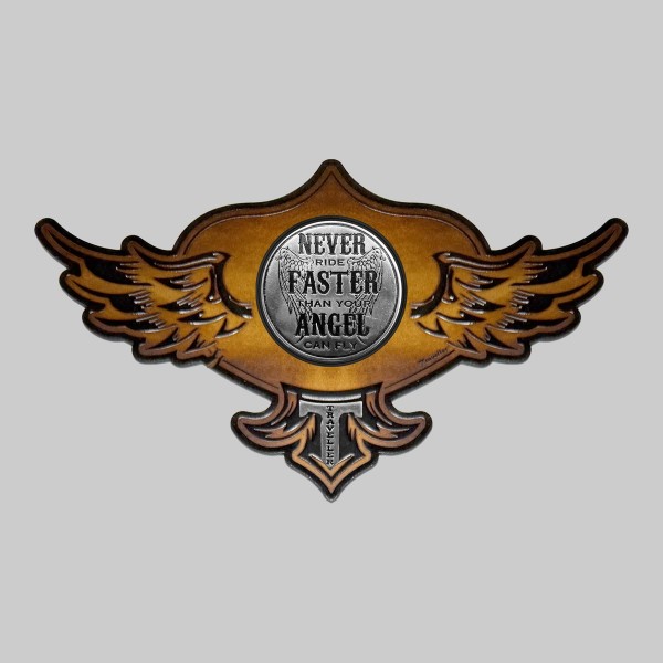 Winged Traveller embossed leather patch with pewter centre motif, antique brown, Never Ride Faster motif