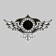 Patch ailé Traveller en cuir embouti, rondelle têtes de mort et rivet à franges, noir et blanc