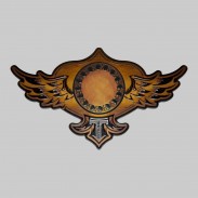 Winged Traveller embossed leather patch, skull ring and fringed rivet, antique brown