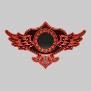 Winged Traveller embossed leather patch, skull ring and fringed rivet, red and black