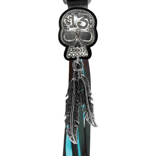 Porte-clés à franges Tête de mort 13 – franges noires et turquoise