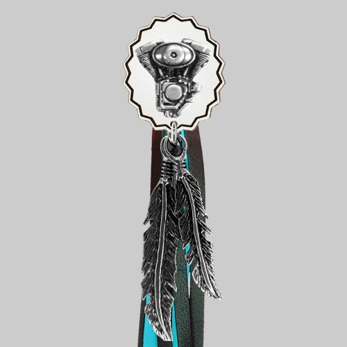 Oval V-Twin Engine – fringe rivet – white washer, black and turquoise fringes