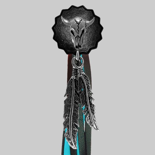 Buffalo Skull – fringe rivet – black washer, black and turquoise fringes