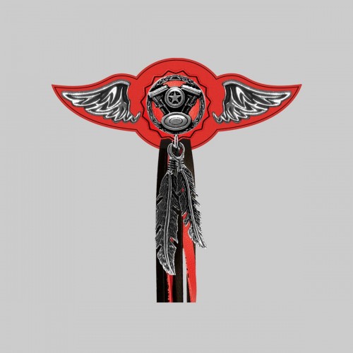 Moteur V-Twin – aile à riveter cuir et motif étain - avec plumes, rondelle rouge, franges noires et rouges