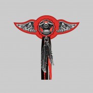 Moteur V-Twin – aile à riveter cuir et motif étain - avec plumes, rondelle rouge, franges noires et rouges