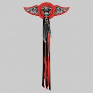 Moteur V-Twin – aile à riveter cuir et motif étain - avec plumes, rondelle rouge, franges noires et rouges