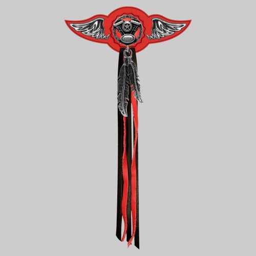 V-Twin Engine – leather rivet-on wing with pewter motif - with feathers, red washer, black and red tassels