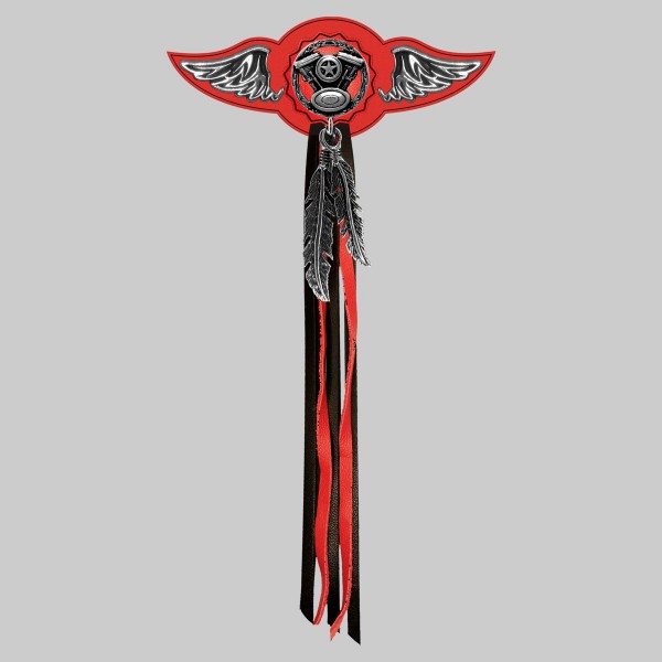 Moteur V-Twin – aile à riveter cuir et motif étain - avec plumes, rondelle rouge, franges noires et rouges