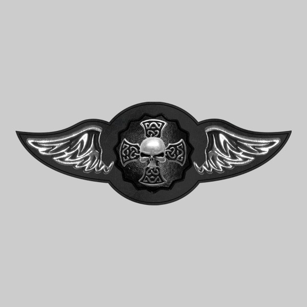 Skull Cross – leather rivet-on wing with pewter motif - without feathers, black washer