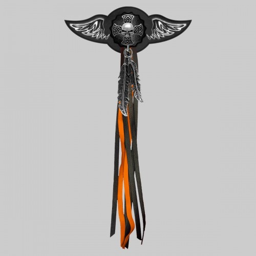 Skull Cross – leather rivet-on wing with pewter motif - with feathers, black washer, black and orange tassels