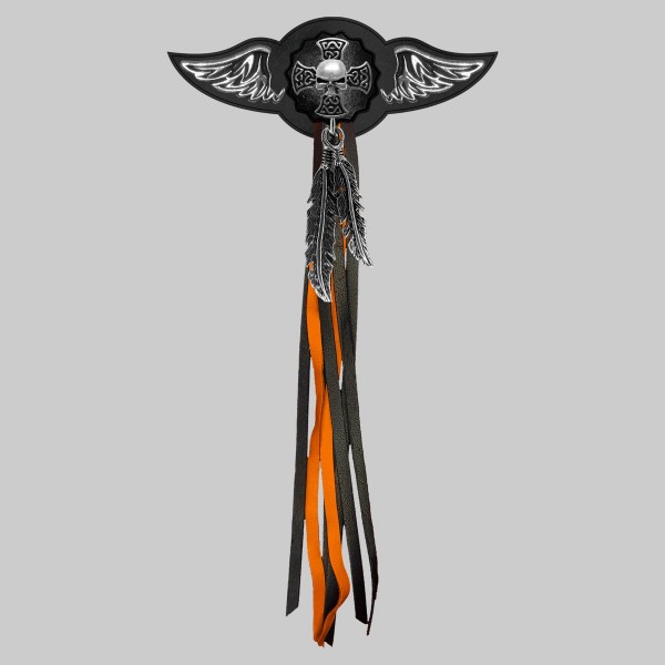 Skull Cross – leather rivet-on wing with pewter motif - with feathers, black washer, black and orange tassels