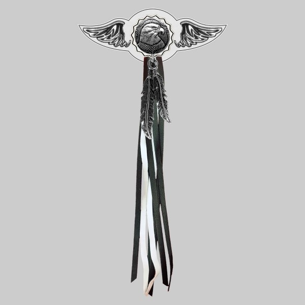 Aigle – aile à riveter cuir et motif étain - avec plumes, rondelle blanche, franges noires et blanches
