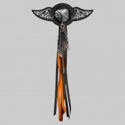 Indian Chief – leather rivet-on wing with pewter motif - with feathers, black washer, black and orange tassels