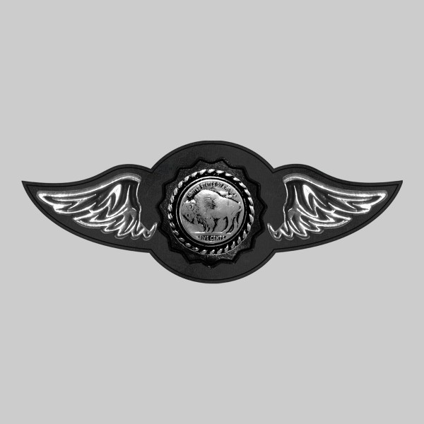Buffalo Nickel – leather rivet-on wing with pewter motif - without feathers, black washer