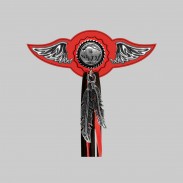 Bison 5 cents – aile à riveter cuir et motif étain - avec plumes, rondelle rouge, franges noires et rouges