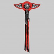 Bison 5 cents – aile à riveter cuir et motif étain - avec plumes, rondelle rouge, franges noires et rouges